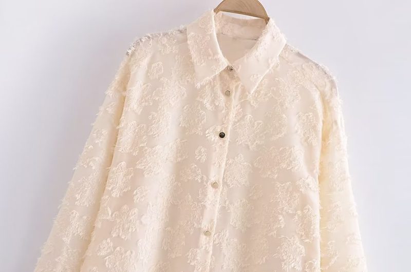 Elegant Solid Color Collared Long Sleeve Cardigan Top Spring Translucent Stitching Shirt - Image 6