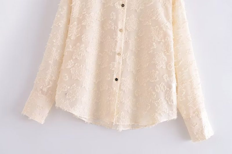 Elegant Solid Color Collared Long Sleeve Cardigan Top Spring Translucent Stitching Shirt - Image 7