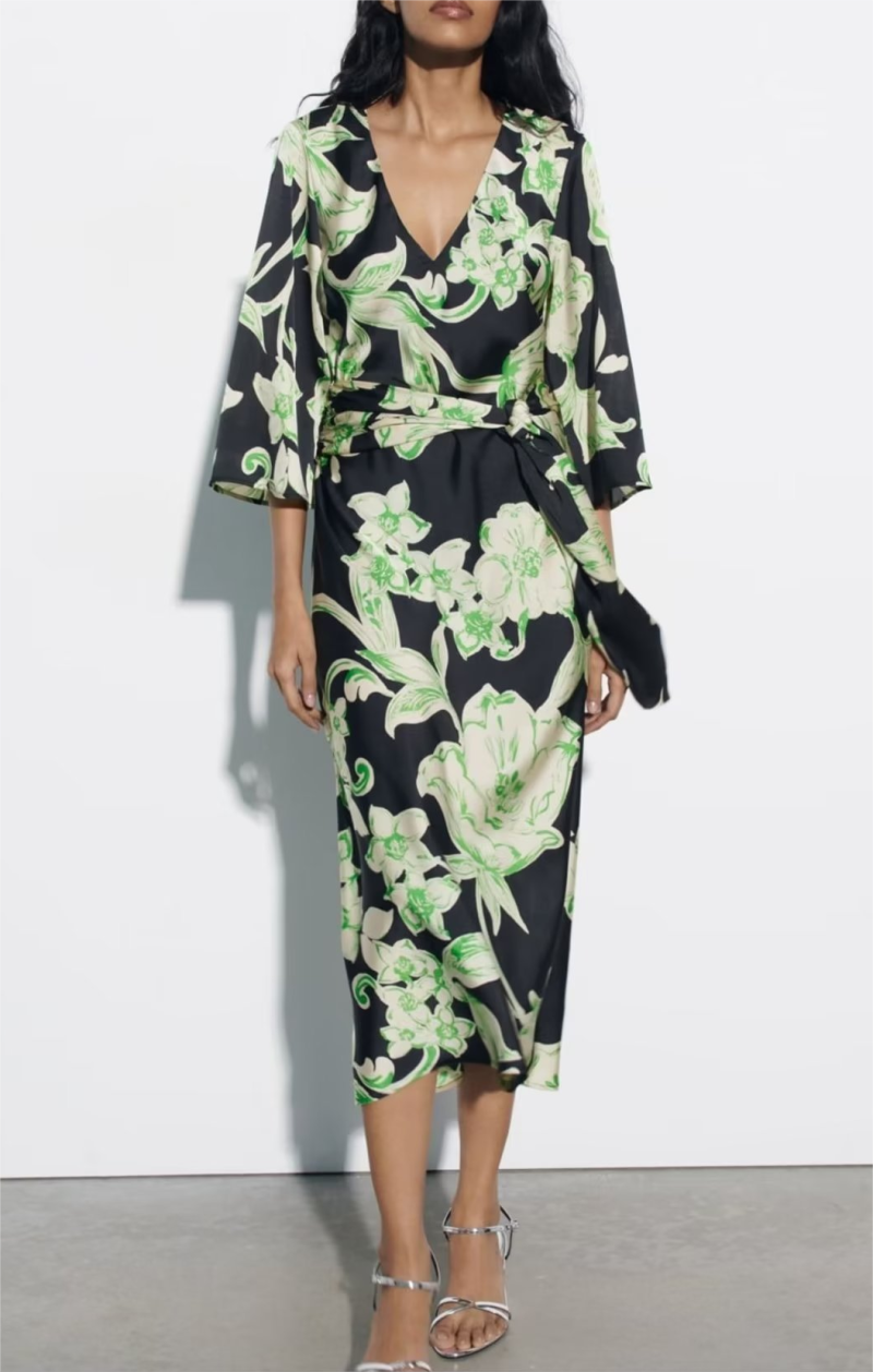 Spring Printed Dress Women Elegant V neck Printed Midi Long Sleeve Dress