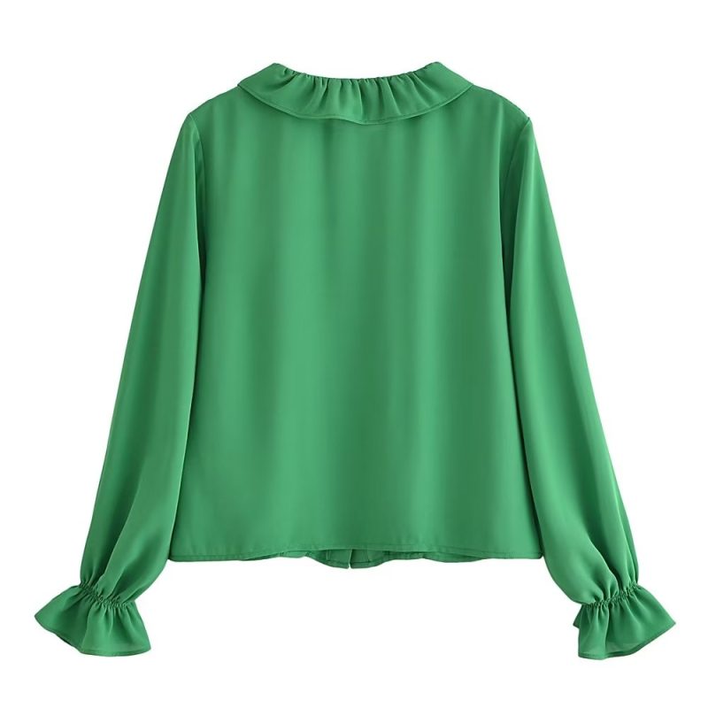 Spring Summer Women Long Sleeve All Match Laminated Decoration Shirt - Image 10