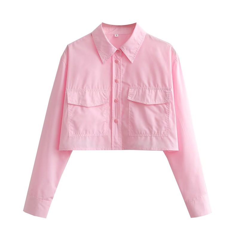 Niche Pocket Loose High Waist Short Cropped Small Shirt Top Women Collared Single Breasted Long Sleeve Shirt - Image 3