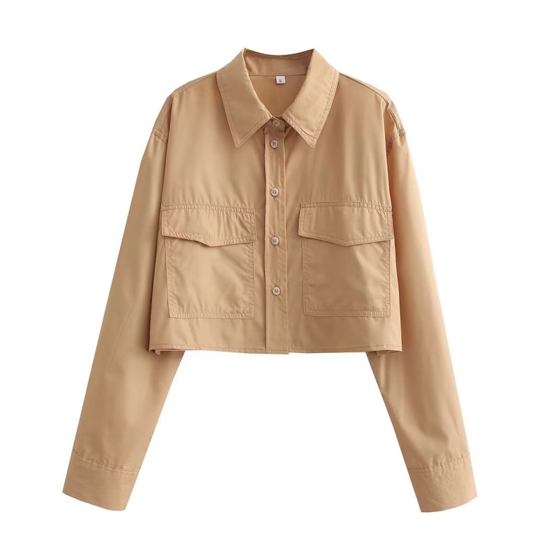 Niche Pocket Loose High Waist Short Cropped Small Shirt Top Women Collared Single Breasted Long Sleeve Shirt - Image 4