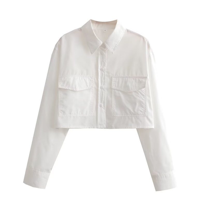 Niche Pocket Loose High Waist Short Cropped Small Shirt Top Women Collared Single Breasted Long Sleeve Shirt - Image 5