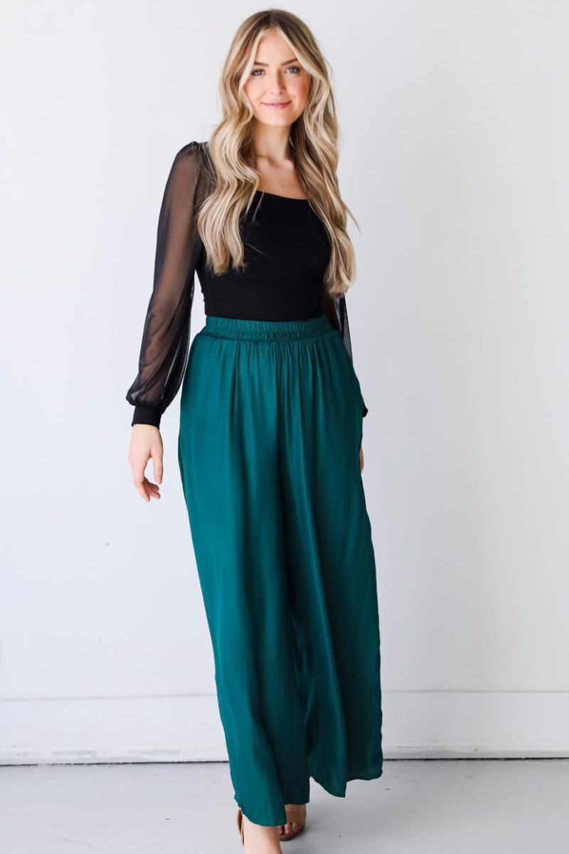 Spring Summer Elastic High Waist Solid Color Cotton Side Pocket Wide Leg Trousers Women Casual Loose Swing Pants - Image 2