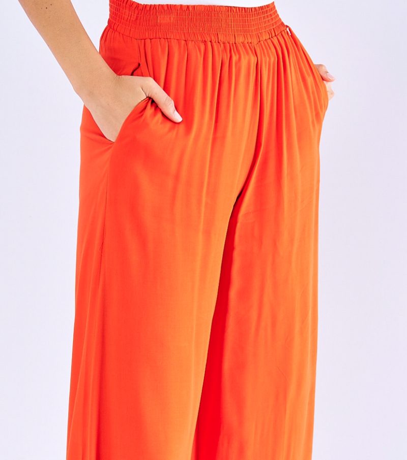 Spring Summer Elastic High Waist Solid Color Cotton Side Pocket Wide Leg Trousers Women Casual Loose Swing Pants - Image 3