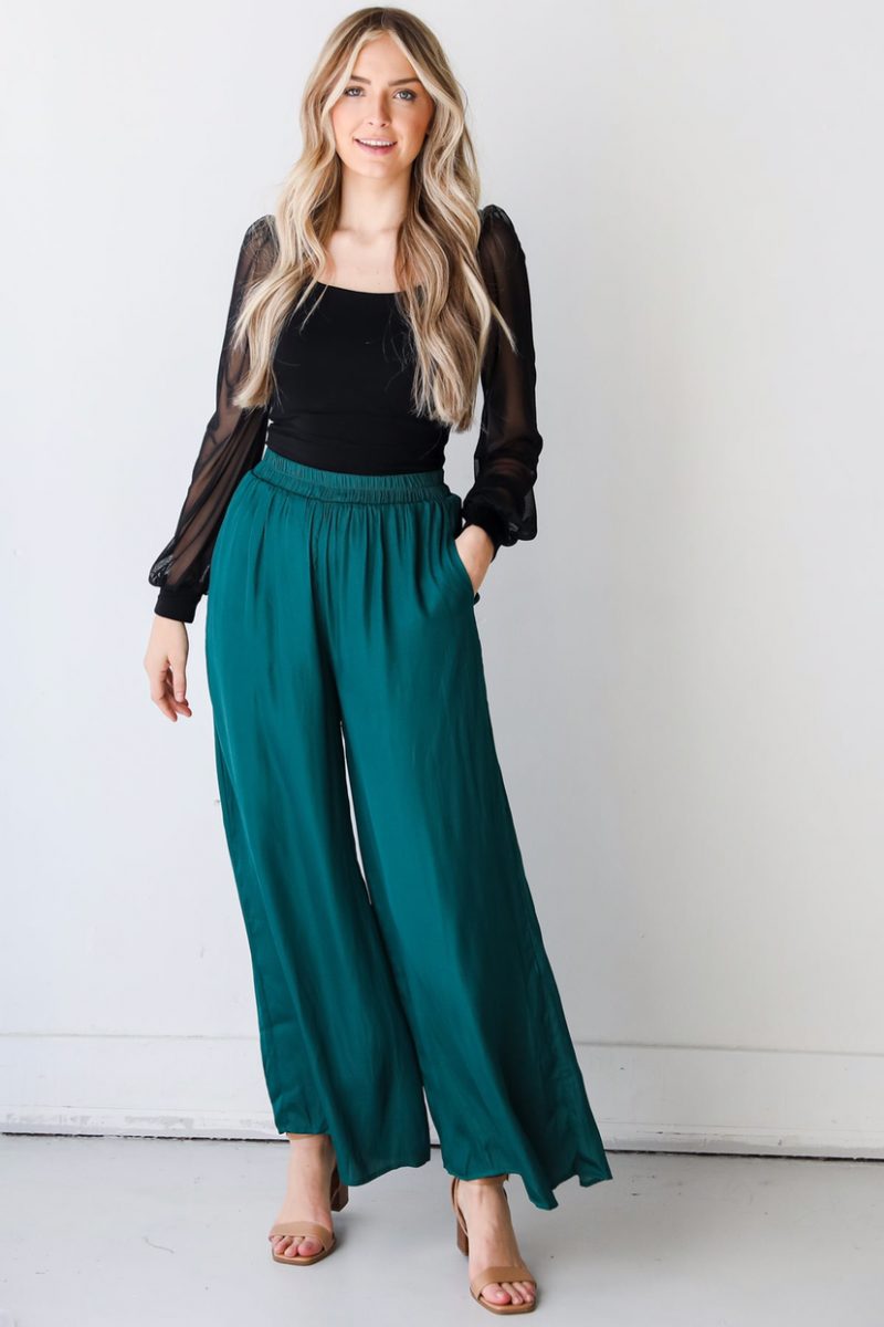 Spring Summer Elastic High Waist Solid Color Cotton Side Pocket Wide Leg Trousers Women Casual Loose Swing Pants - Image 7