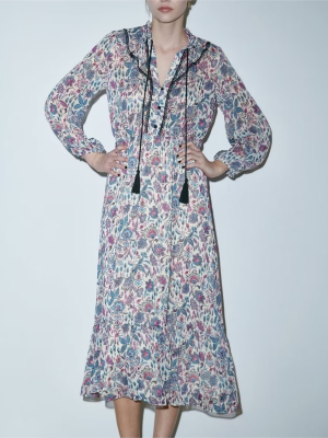 Autumn Elegant V neck Long Sleeve Printed Ruffled Loose Dress