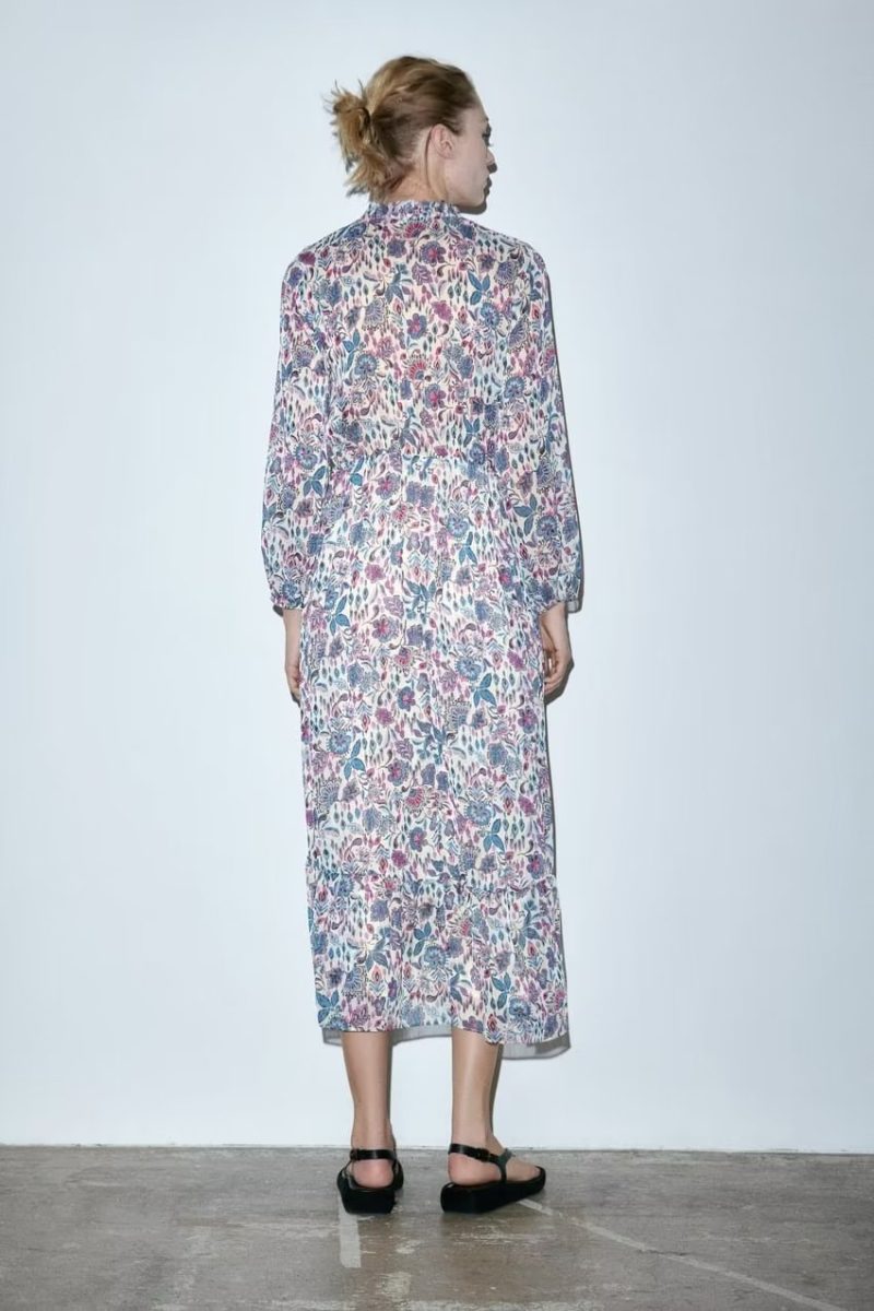 Autumn Elegant V neck Long Sleeve Printed Ruffled Loose Dress - Image 2