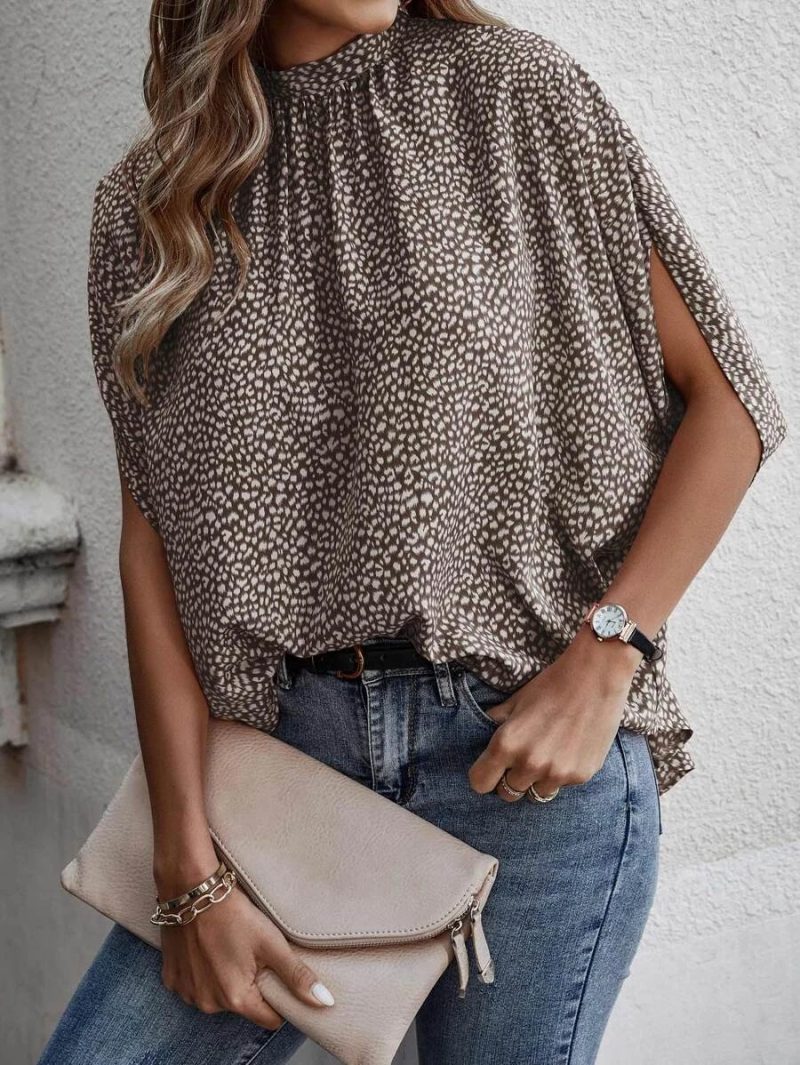 Spring Summer Women Clothing Casual Printing Split Batwing Sleeve Tied Top Women - Image 4