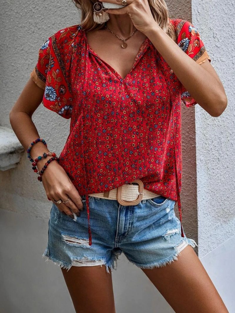 Summer Women Clothing Casual Loose V neck Ethnic Print Short Sleeve Shirt - Image 4