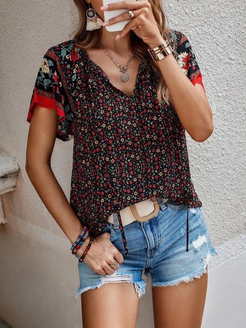 Summer Women Clothing Casual Loose V neck Ethnic Print Short Sleeve Shirt - Image 5