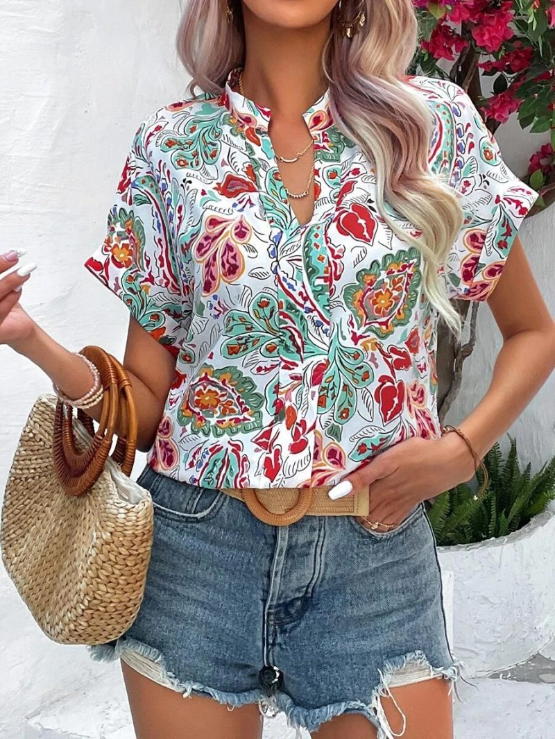 Summer Women V neck Painted Color Printing Short Sleeve Loose Oversized Shirt - Image 4