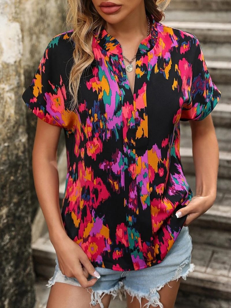 Summer Women V neck Painted Color Printing Short Sleeve Loose Oversized Shirt - Image 7