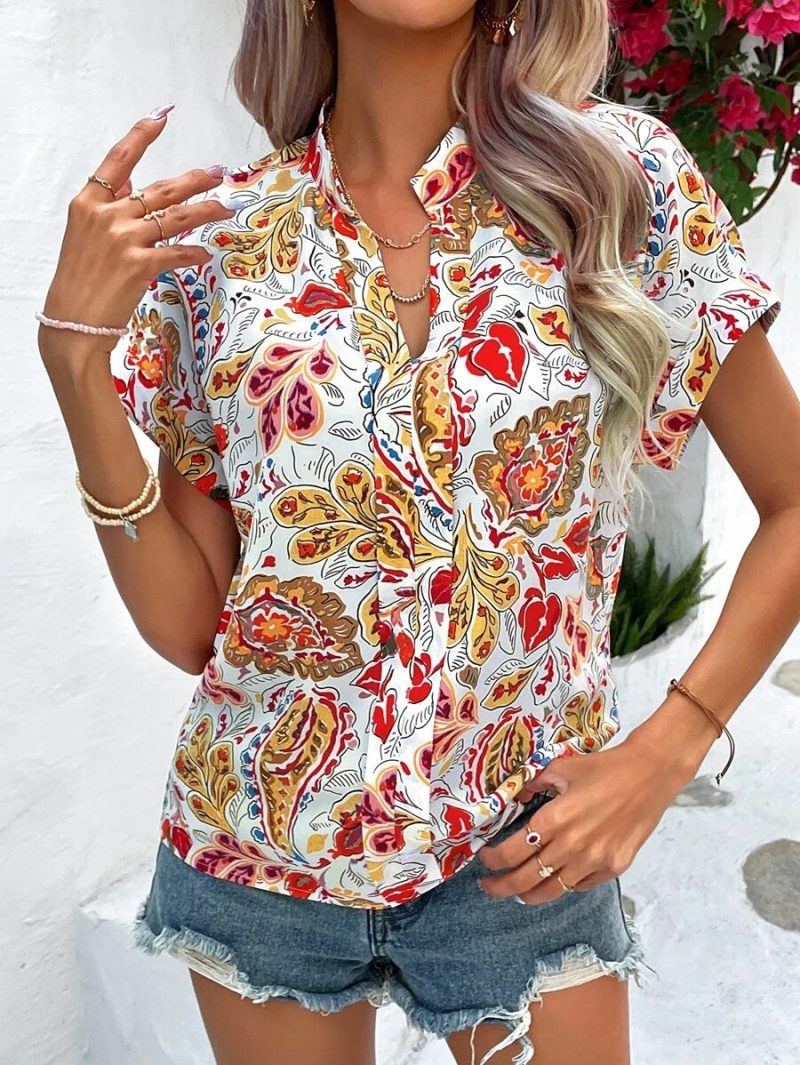Summer Women V neck Painted Color Printing Short Sleeve Loose Oversized Shirt - Image 8