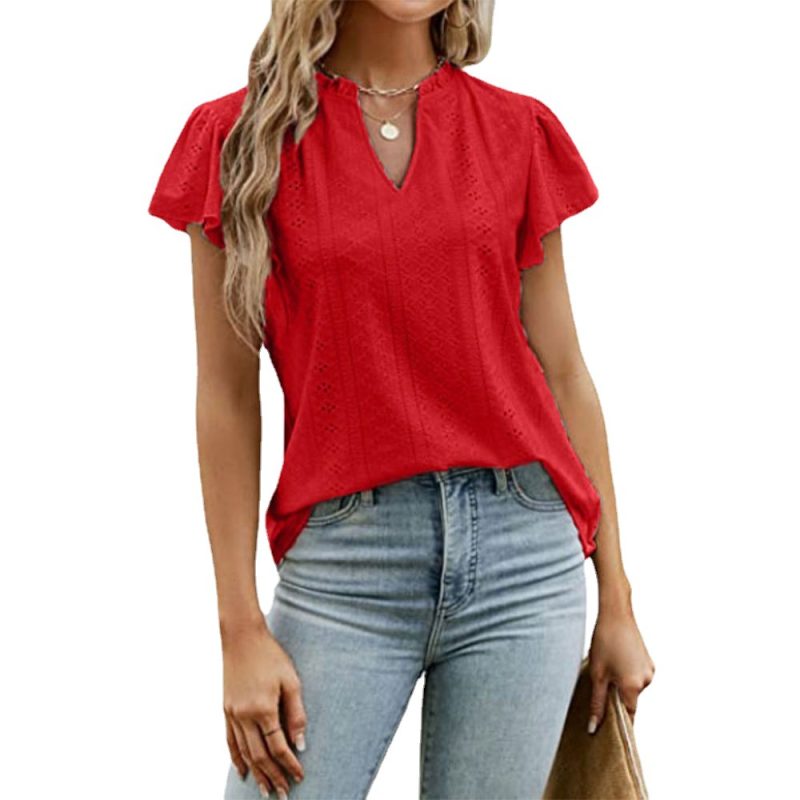 Summer Women Clothes Solid Color V neck Double Layer Ruffled Hollow Out Short Sleeve Women Casual T shirt - Image 4