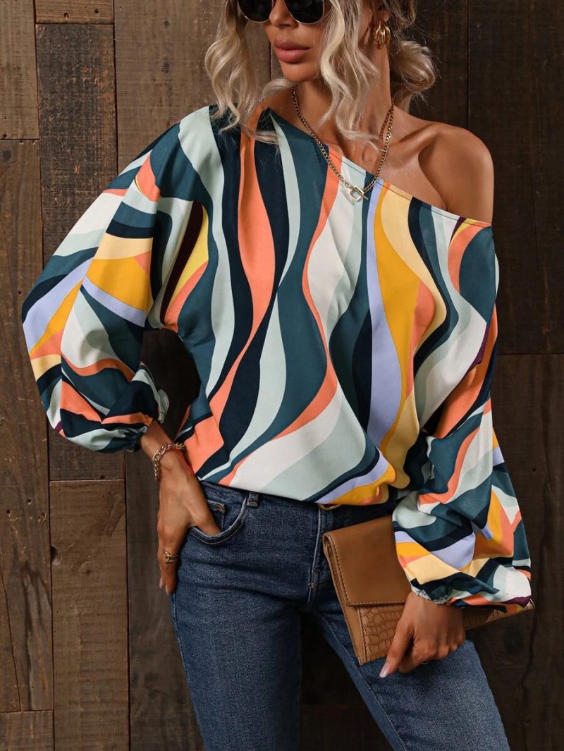 Spring Summer Women Clothing Painted Word off Shoulder Loose Lantern Long Sleeve Top Women - Image 4