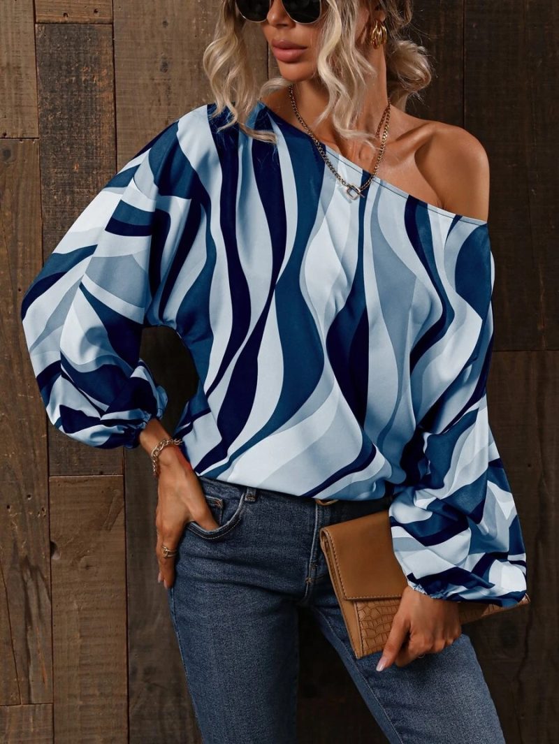 Spring Summer Women Clothing Painted Word off Shoulder Loose Lantern Long Sleeve Top Women - Image 5