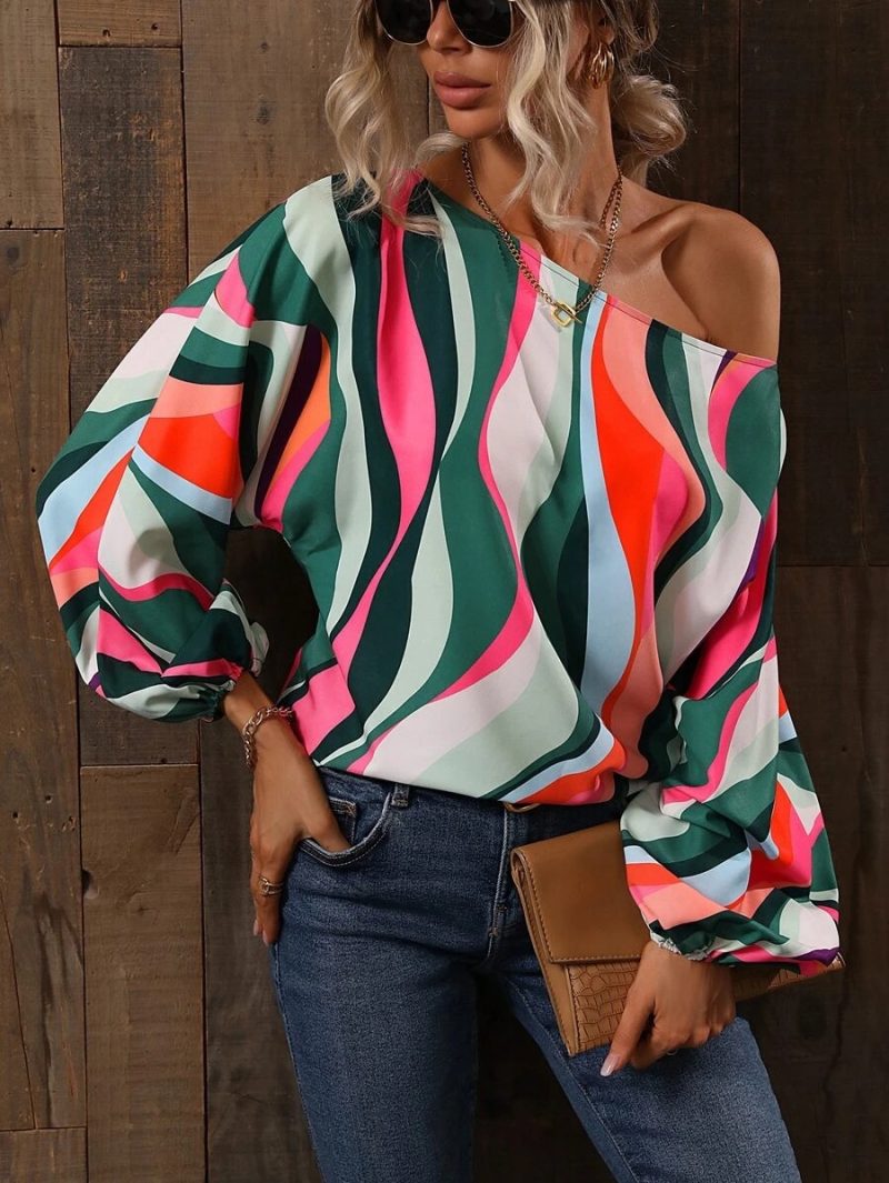 Spring Summer Women Clothing Painted Word off Shoulder Loose Lantern Long Sleeve Top Women - Image 6
