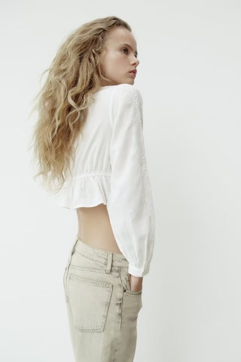 Summer French Office V neck Bow Shirt Lantern Sleeve Embroidered Drape Top - Image 2