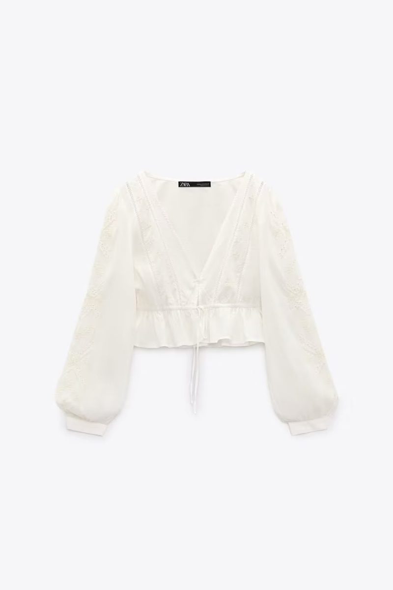 Summer French Office V neck Bow Shirt Lantern Sleeve Embroidered Drape Top - Image 3
