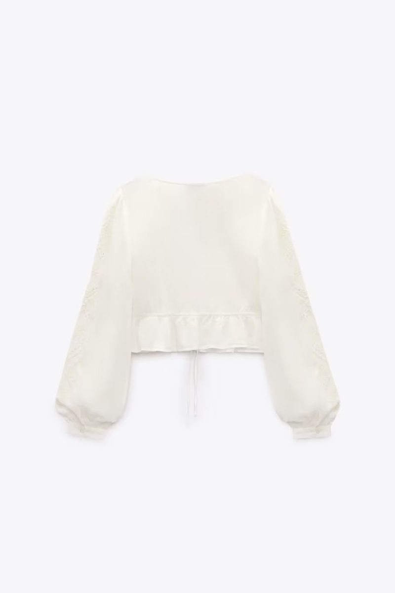 Summer French Office V neck Bow Shirt Lantern Sleeve Embroidered Drape Top - Image 4