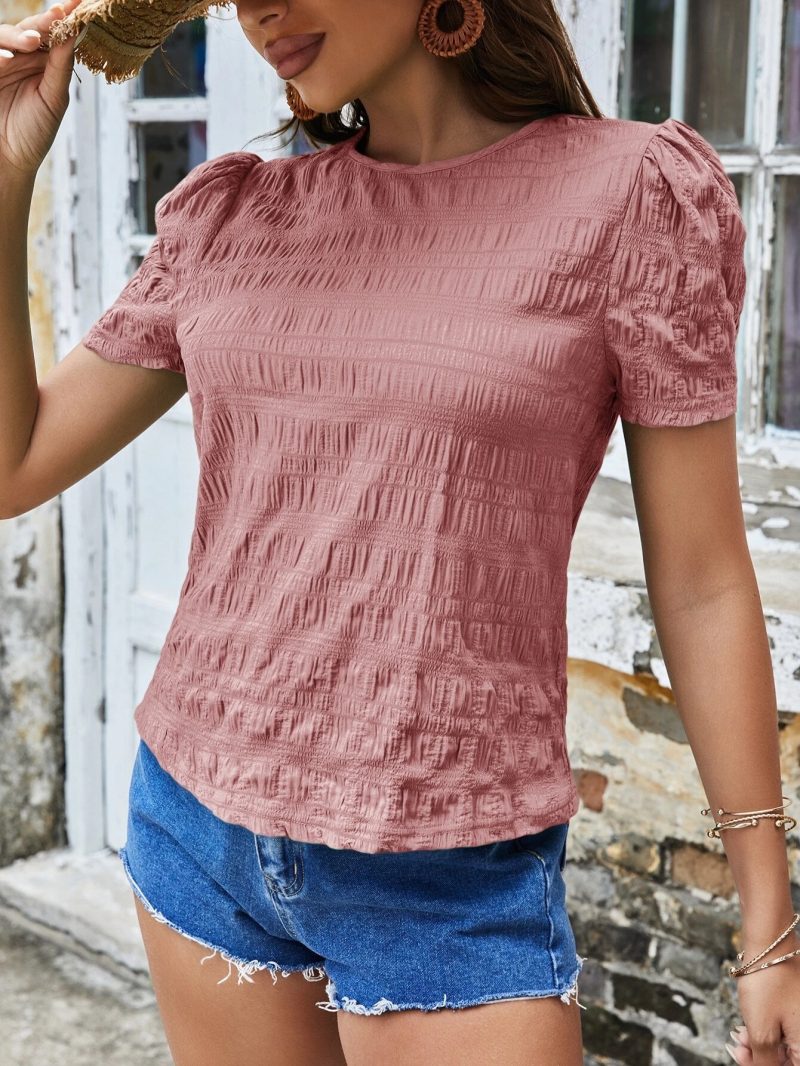 Spring Summer Women Shirt Jacquard Plaid Crew Neck Casual Short Sleeved Top - Image 2