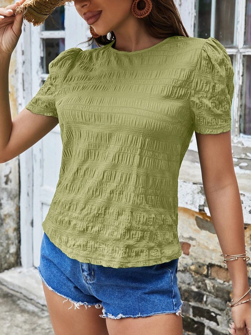 Spring Summer Women Shirt Jacquard Plaid Crew Neck Casual Short Sleeved Top - Image 3