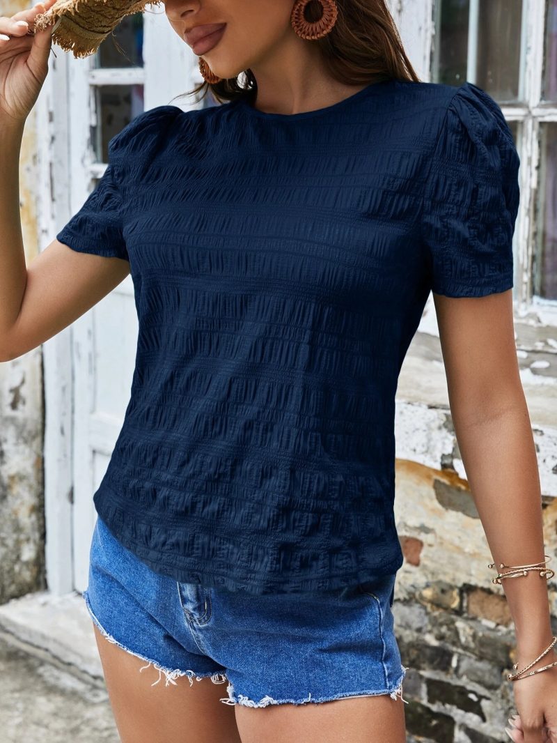 Spring Summer Women Shirt Jacquard Plaid Crew Neck Casual Short Sleeved Top - Image 5