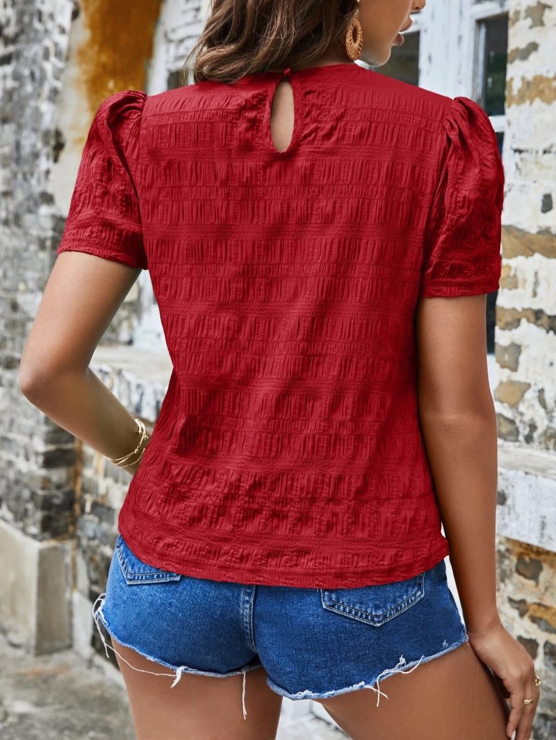 Spring Summer Women Shirt Jacquard Plaid Crew Neck Casual Short Sleeved Top - Image 6