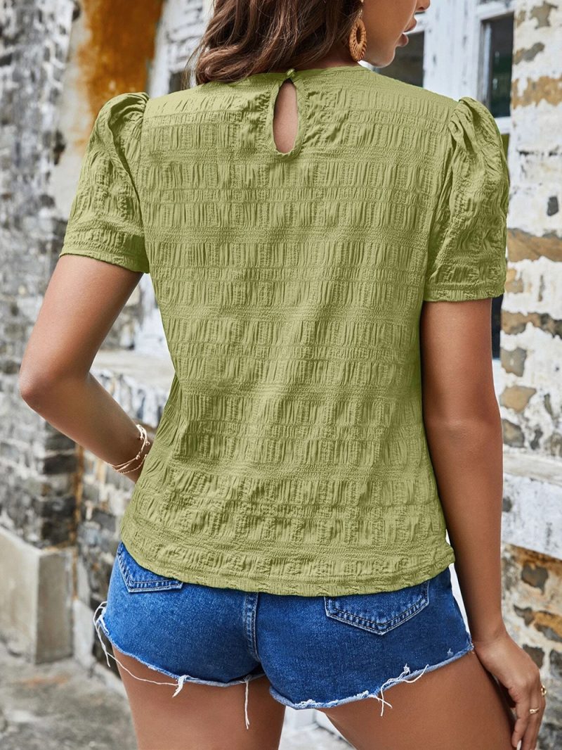 Spring Summer Women Shirt Jacquard Plaid Crew Neck Casual Short Sleeved Top - Image 8