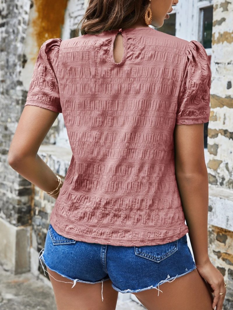 Spring Summer Women Shirt Jacquard Plaid Crew Neck Casual Short Sleeved Top - Image 10