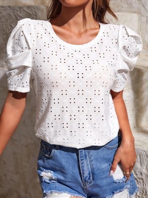 Women Clothes Spring Summer Solid Color T shirt Hollow Out Jacquard round Neck Puff Sleeve Top