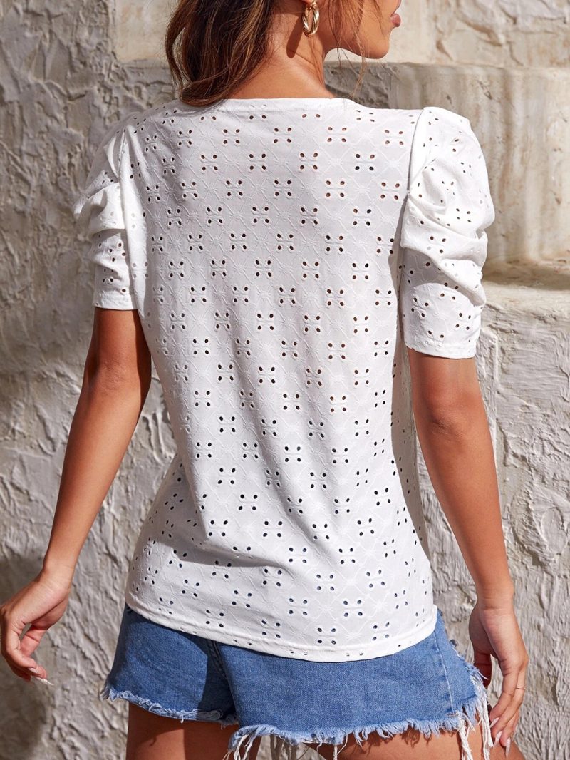 Women Clothes Spring Summer Solid Color T shirt Hollow Out Jacquard round Neck Puff Sleeve Top - Image 2