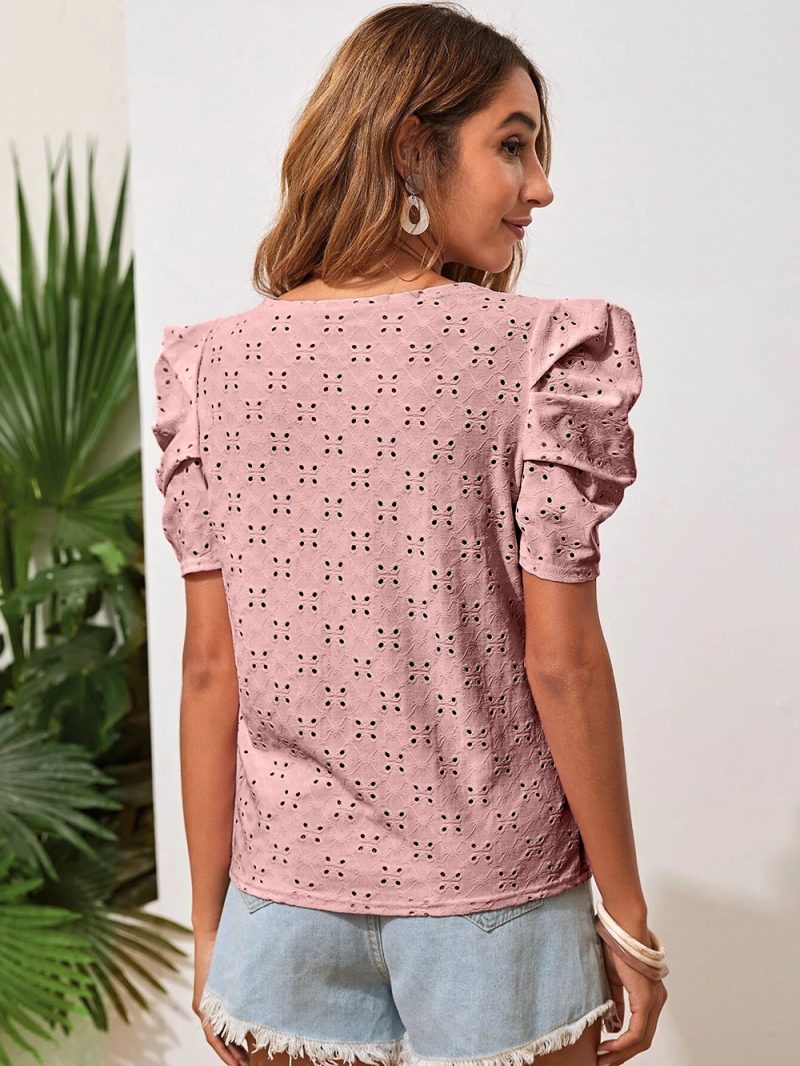 Women Clothes Spring Summer Solid Color T shirt Hollow Out Jacquard round Neck Puff Sleeve Top - Image 4