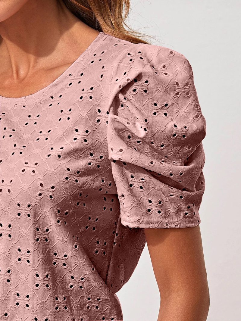 Women Clothes Spring Summer Solid Color T shirt Hollow Out Jacquard round Neck Puff Sleeve Top - Image 5