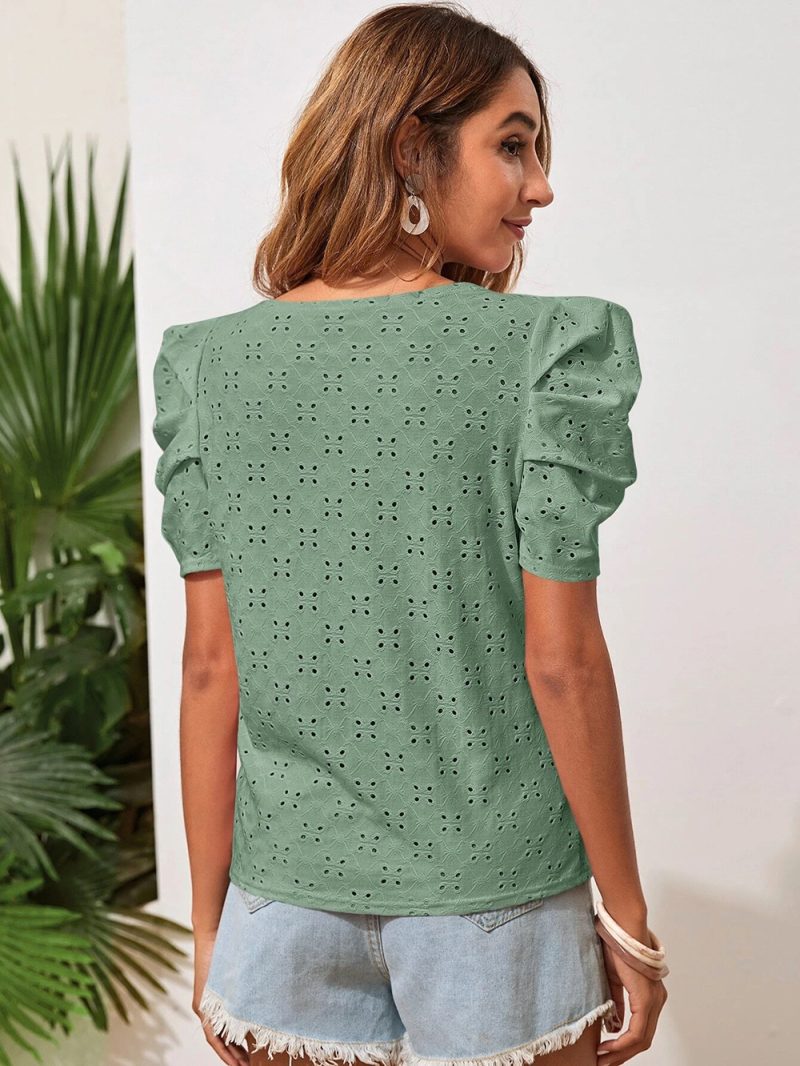Women Clothes Spring Summer Solid Color T shirt Hollow Out Jacquard round Neck Puff Sleeve Top - Image 7