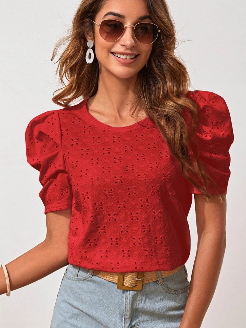 Women Clothes Spring Summer Solid Color T shirt Hollow Out Jacquard round Neck Puff Sleeve Top - Image 8