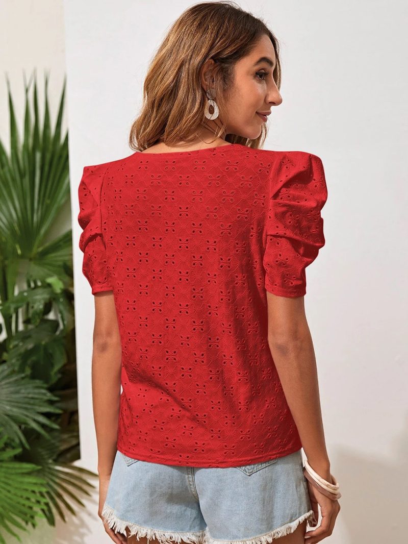 Women Clothes Spring Summer Solid Color T shirt Hollow Out Jacquard round Neck Puff Sleeve Top - Image 9