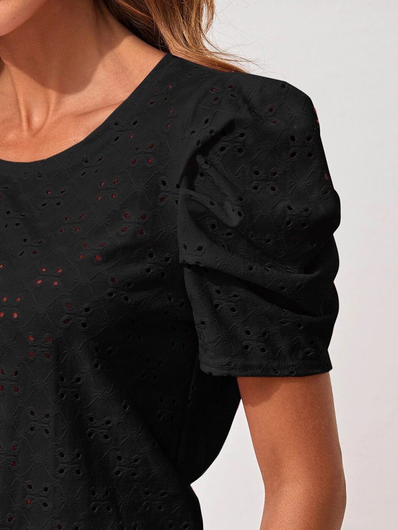 Women Clothes Spring Summer Solid Color T shirt Hollow Out Jacquard round Neck Puff Sleeve Top - Image 12