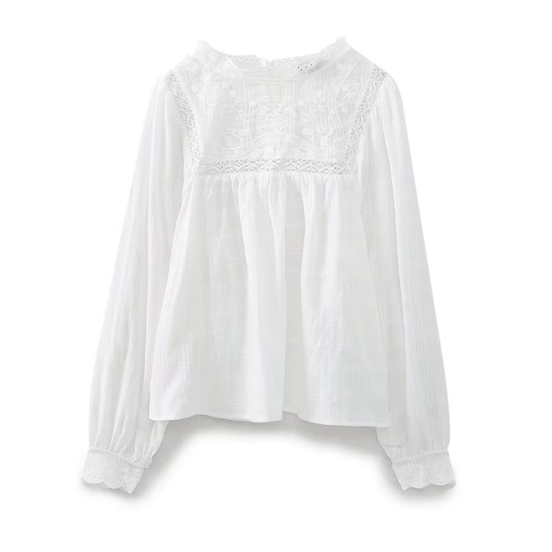 Spring Women  White Lace Collar Hollow Out Cutout Embroidered Shirt Top - Image 2