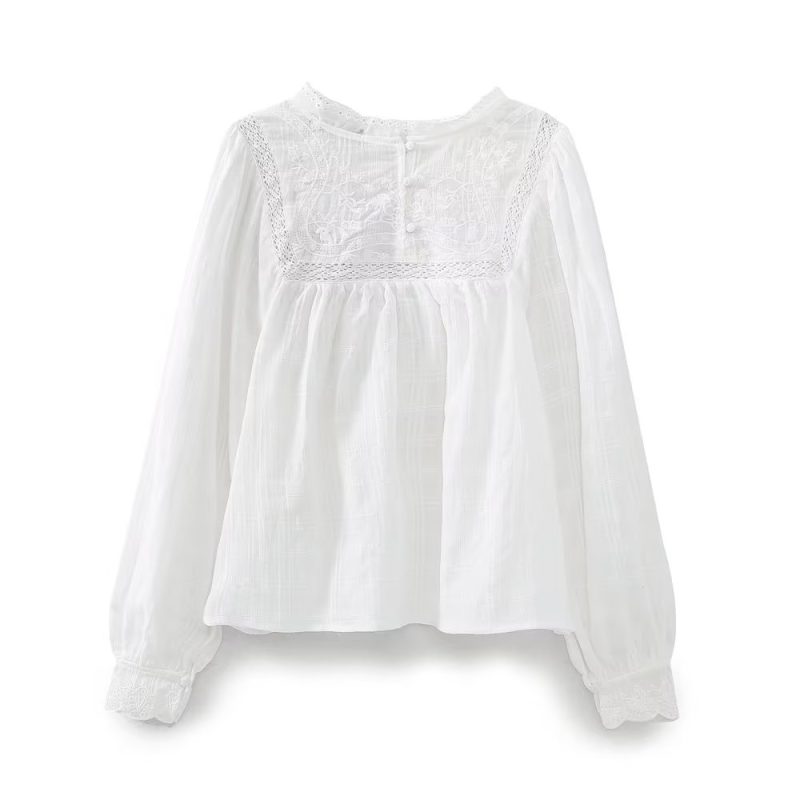 Spring Women  White Lace Collar Hollow Out Cutout Embroidered Shirt Top - Image 3