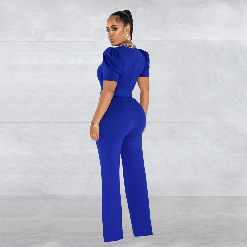Women  Wear Solid Color Belt Chain Short Sleeve Trousers Jumpsuit - Image 2