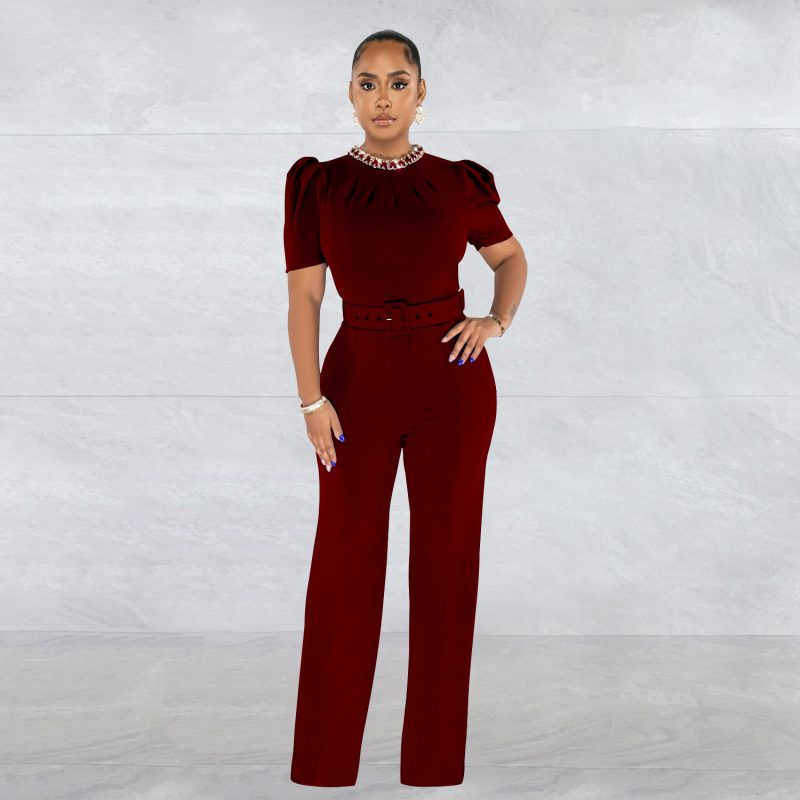 Women  Wear Solid Color Belt Chain Short Sleeve Trousers Jumpsuit - Image 3
