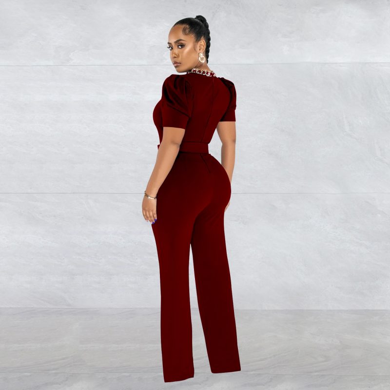 Women  Wear Solid Color Belt Chain Short Sleeve Trousers Jumpsuit - Image 4