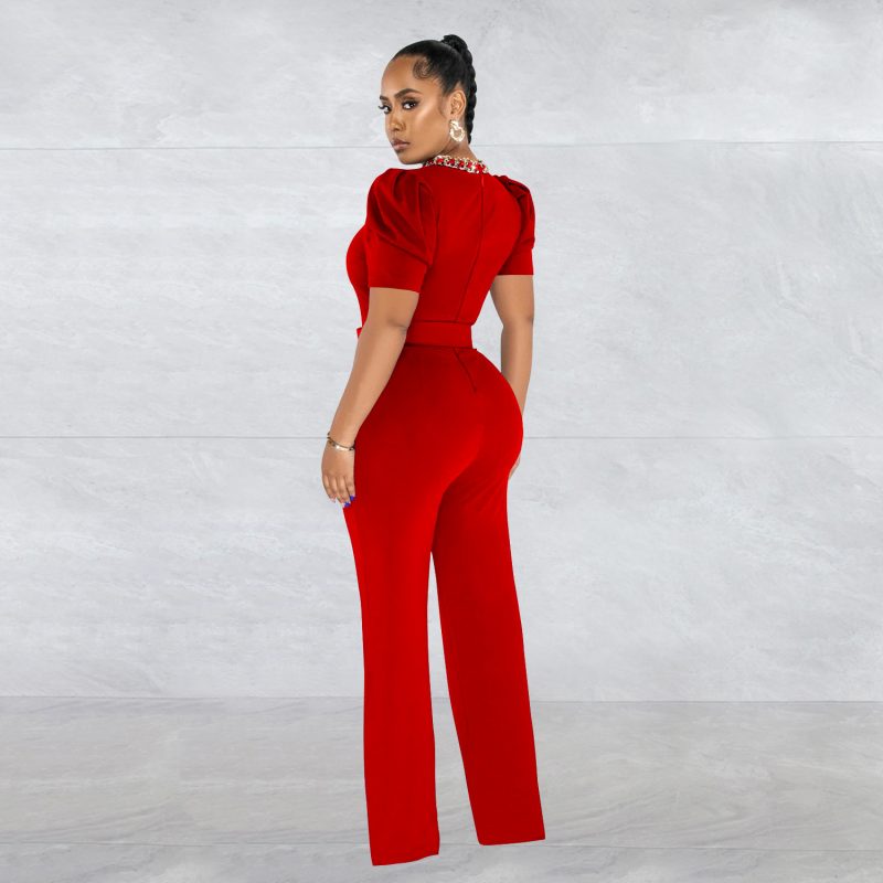 Women  Wear Solid Color Belt Chain Short Sleeve Trousers Jumpsuit - Image 6