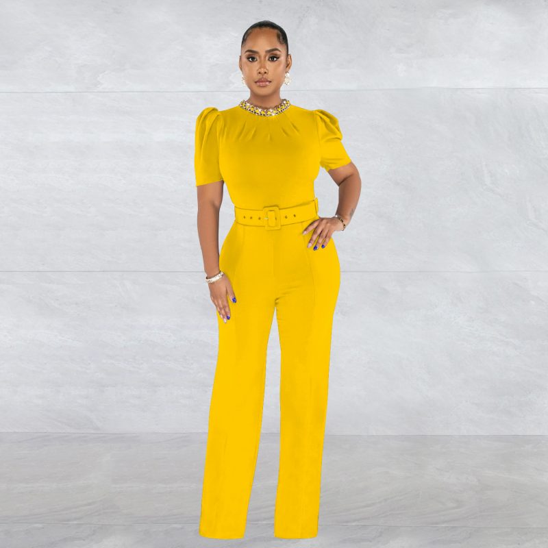 Women  Wear Solid Color Belt Chain Short Sleeve Trousers Jumpsuit - Image 7