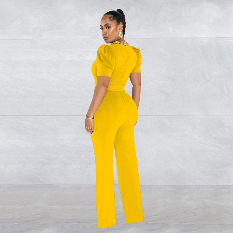 Women  Wear Solid Color Belt Chain Short Sleeve Trousers Jumpsuit - Image 8