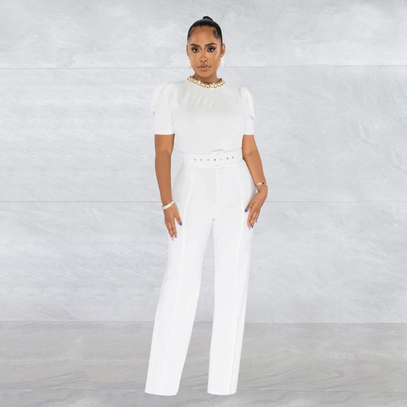 Women  Wear Solid Color Belt Chain Short Sleeve Trousers Jumpsuit - Image 9