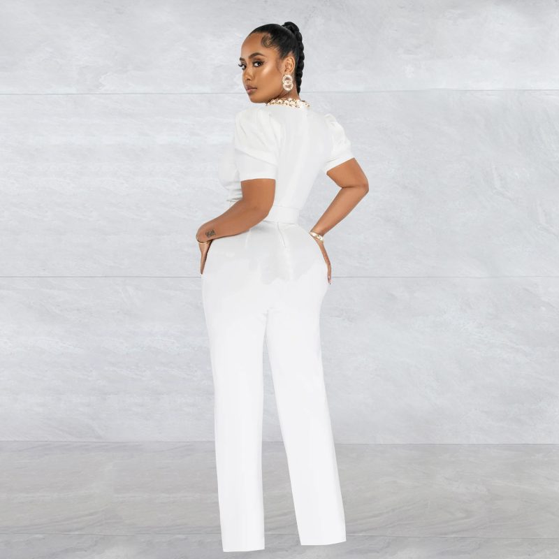 Women  Wear Solid Color Belt Chain Short Sleeve Trousers Jumpsuit - Image 10