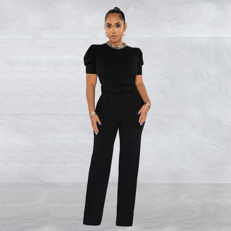 Women  Wear Solid Color Belt Chain Short Sleeve Trousers Jumpsuit - Image 11